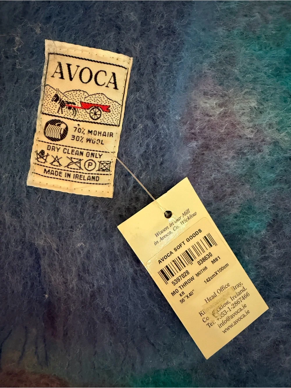 AVOCA (Ireland)Soft Plaid Mohair/wool Throw Blanket in Teal & Lavender